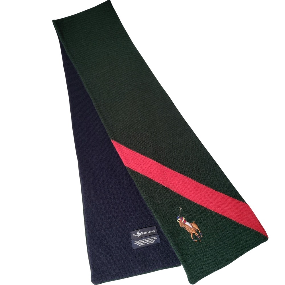 Polo Ralph Lauren Lambswool Scarf Navy Green Red Big Pony Approximately  7"x59"